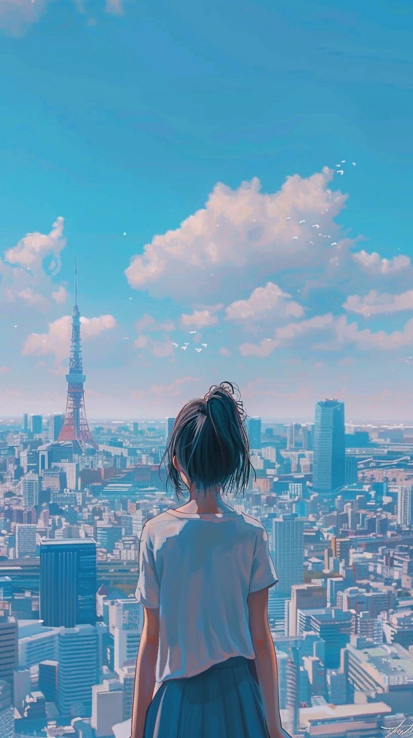 東京の街の背景、昼間、ビルの上で景色を眺めるアニメの少女、lo-fiスタイル、Instagramストーリーズ用、白と青、明るく柔らかいパステルカラー、若々しいエネルギー、ジブリスタジオのスタイル、夢見るようなlo-fi美学、明るくカラフル、シンプルでミニマル、美しい風景、高解像度、高詳細、超高品質、高コントラスト、高精細。」