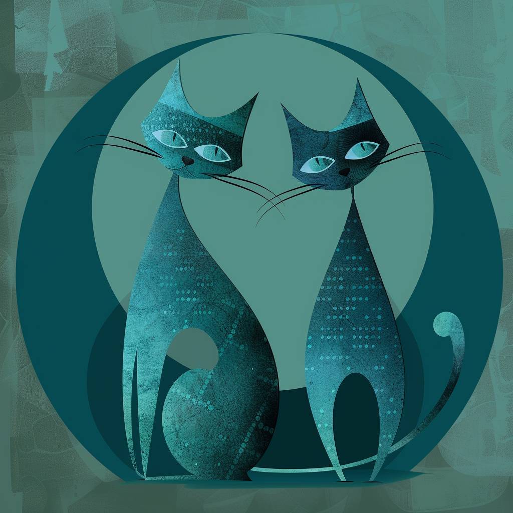 Image for two peaceful, happy cats, elegant details, textured motif background in blue green colors, flat image, simple shapes, epic composition, flat vector art