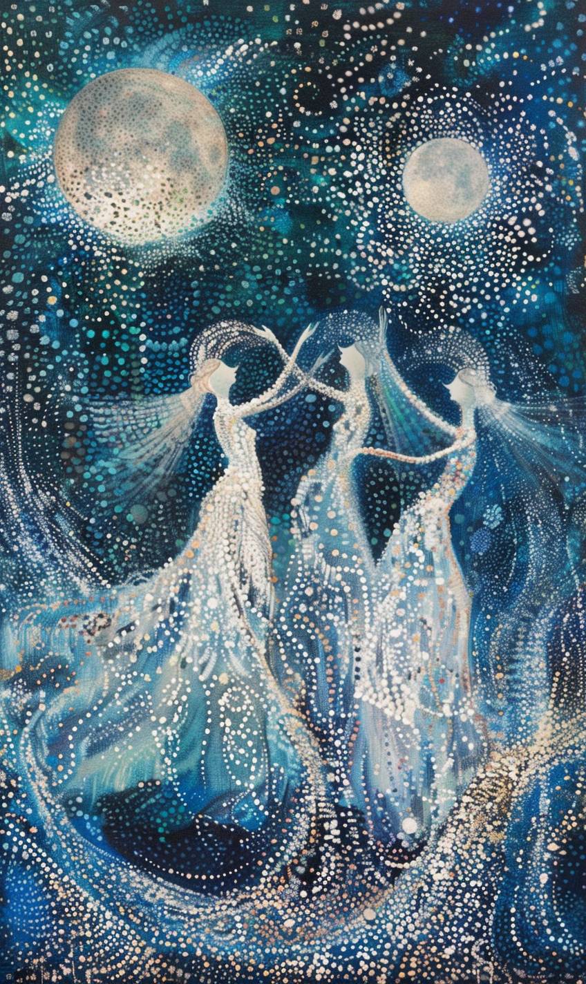 In the style of Barbara Takenaga, ethereal beings dancing under the moonlight