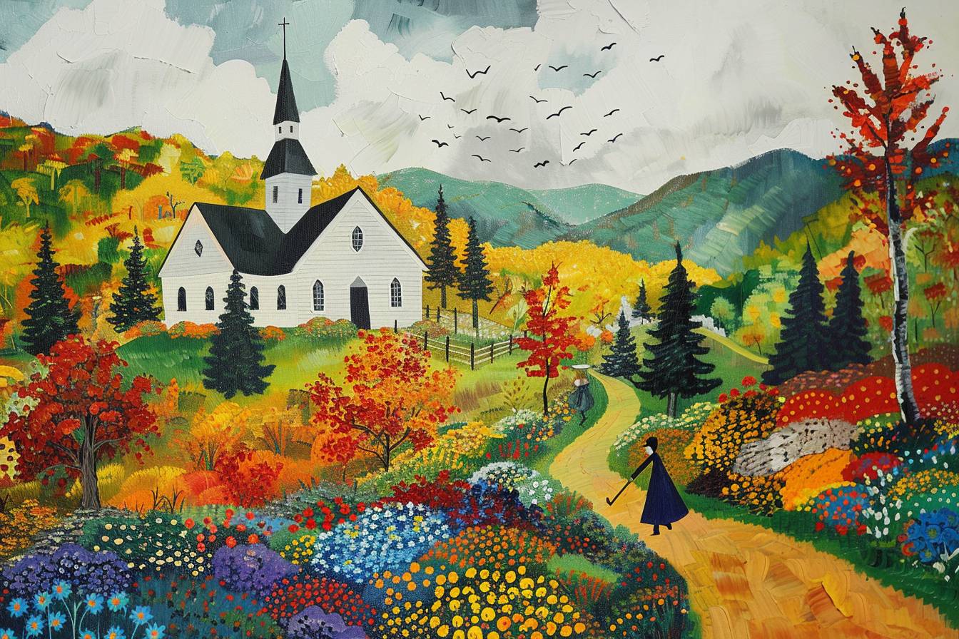 グランドマ・モーゼスのスタイルで、見事な自然風景、教会