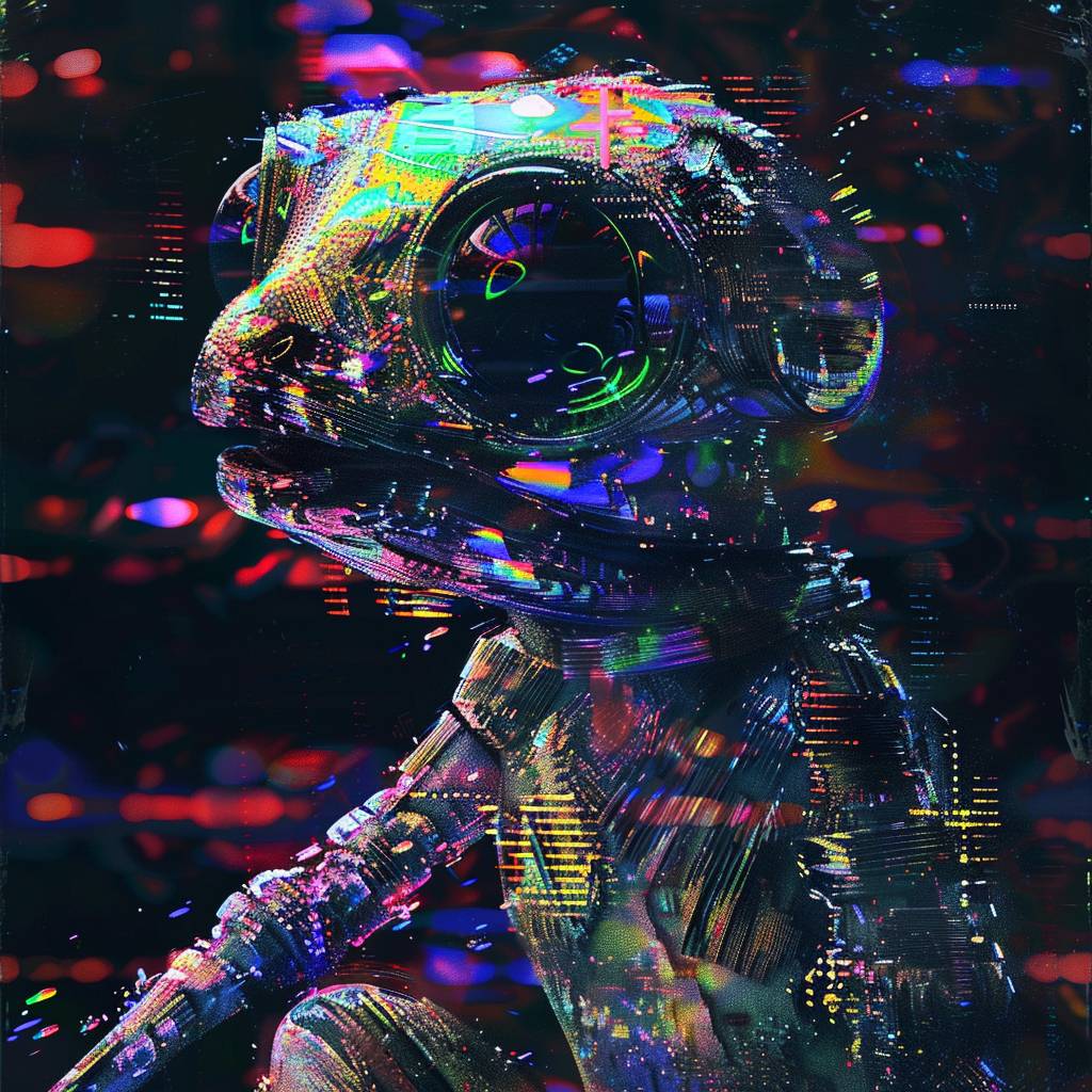 Tiny Creature full body view in glitch art style with holographic rainbow and black iridescence, digital reflections of light on the face, and neon highlights