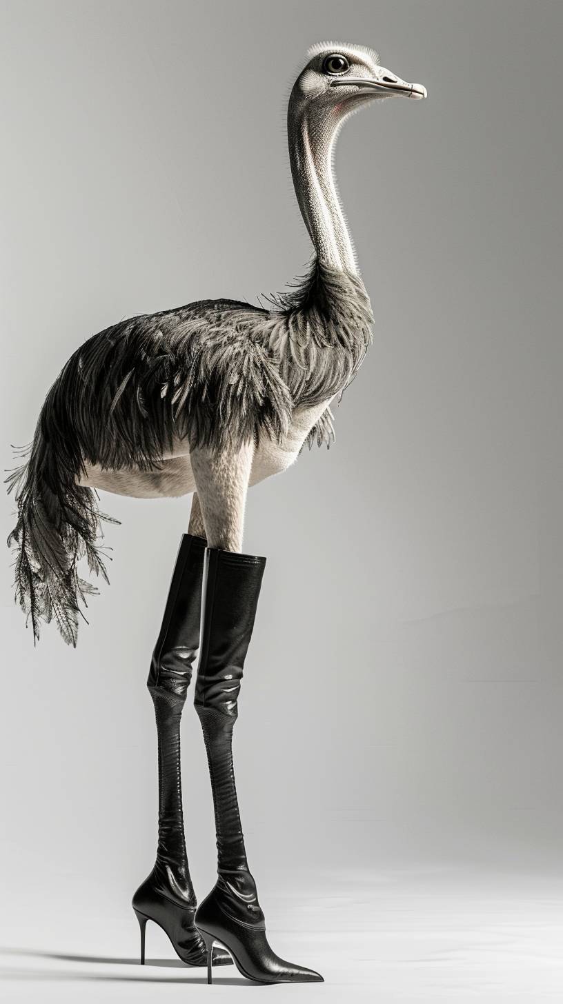 A surreal photo of a beautiful ostrich wearing over-the-knee leather boots with high heels on both feet. The ostrich is viewed from the side, with over-the-knee leather boots on both legs. Minimalistic white studio background. Hyper-realistic. Cinematic. Studio lights.