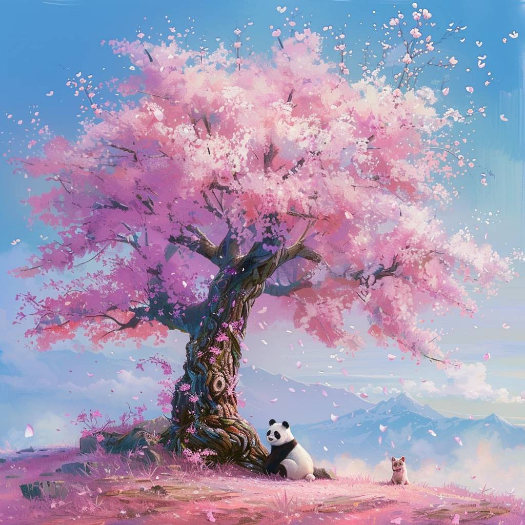 Under a huge cherry blossom tree, there is a lonely elderly panda and dog and cat, with cherry blossoms on the ground. The feeling of light and spring, the artistic conception of beautiful movies, surreal style, high quality, high-definition, film, and minimalist background