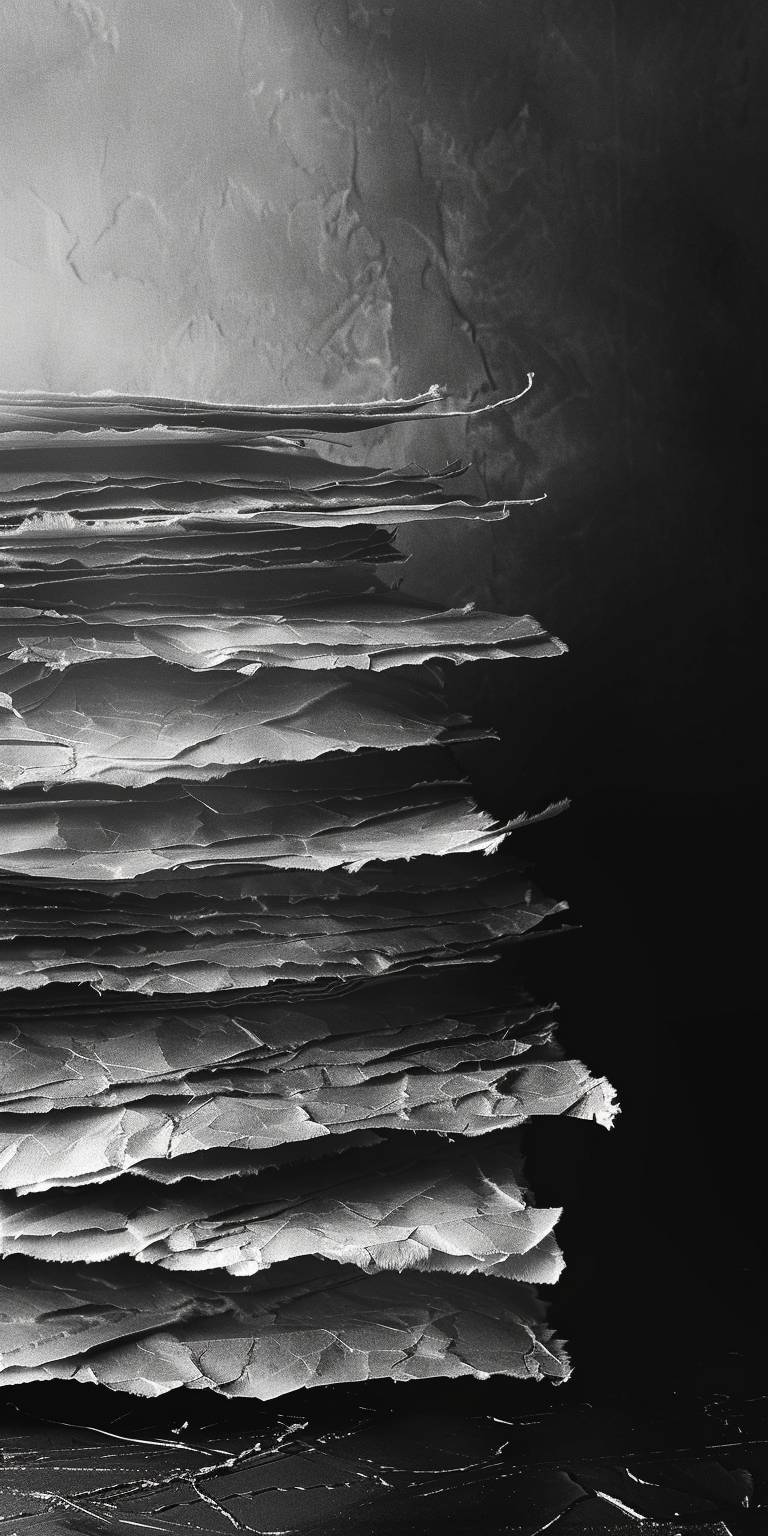 Tall paper stacked high on a black background