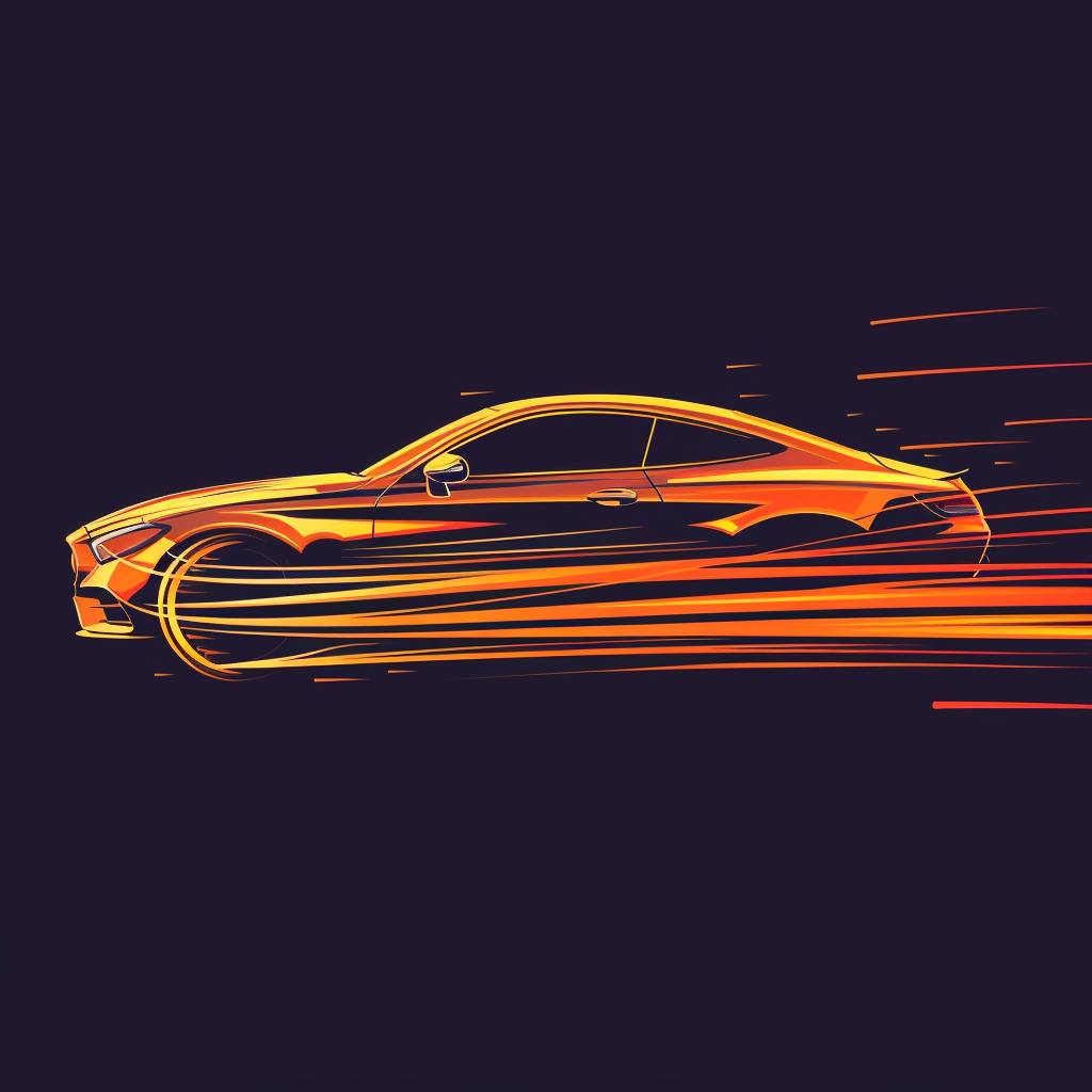 A pop art style digital logo featuring a sleek sedan from a diagonal angle, with flowing lines and vibrant orange colors. The background is minimalistic, emphasizing the car's dynamic and stylish design, in HD quality, vivid style