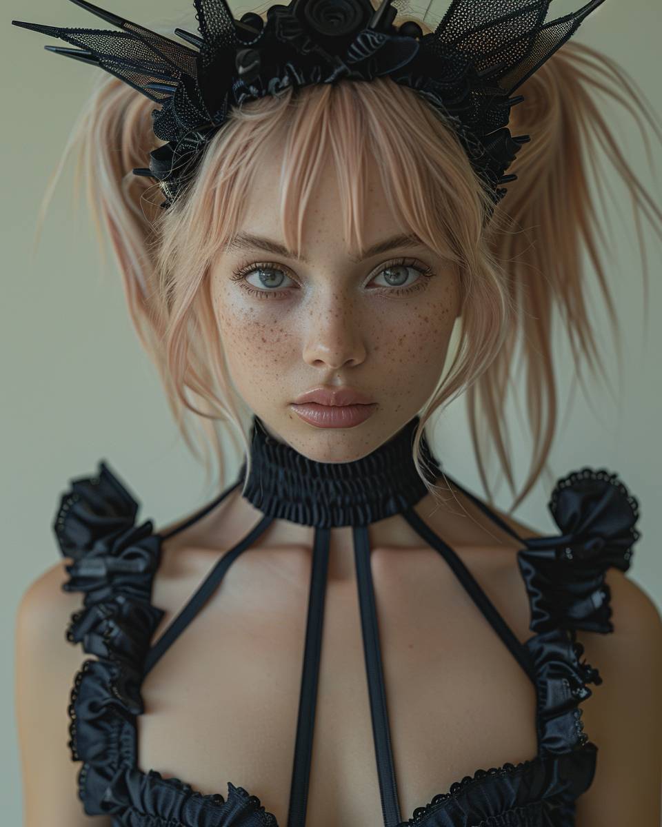 A professional studio portrait photo featuring a beautiful girl modeling a spike-inspired rubber outfit, set against a solid contrasting studio background. The style is a minimalist pixel fashion design intended for a fashion magazine editorial like Vogue, shot with a Hasselblad X2D 100C camera at 8k resolution. The image boasts ultra-realistic skin texture and eyes.