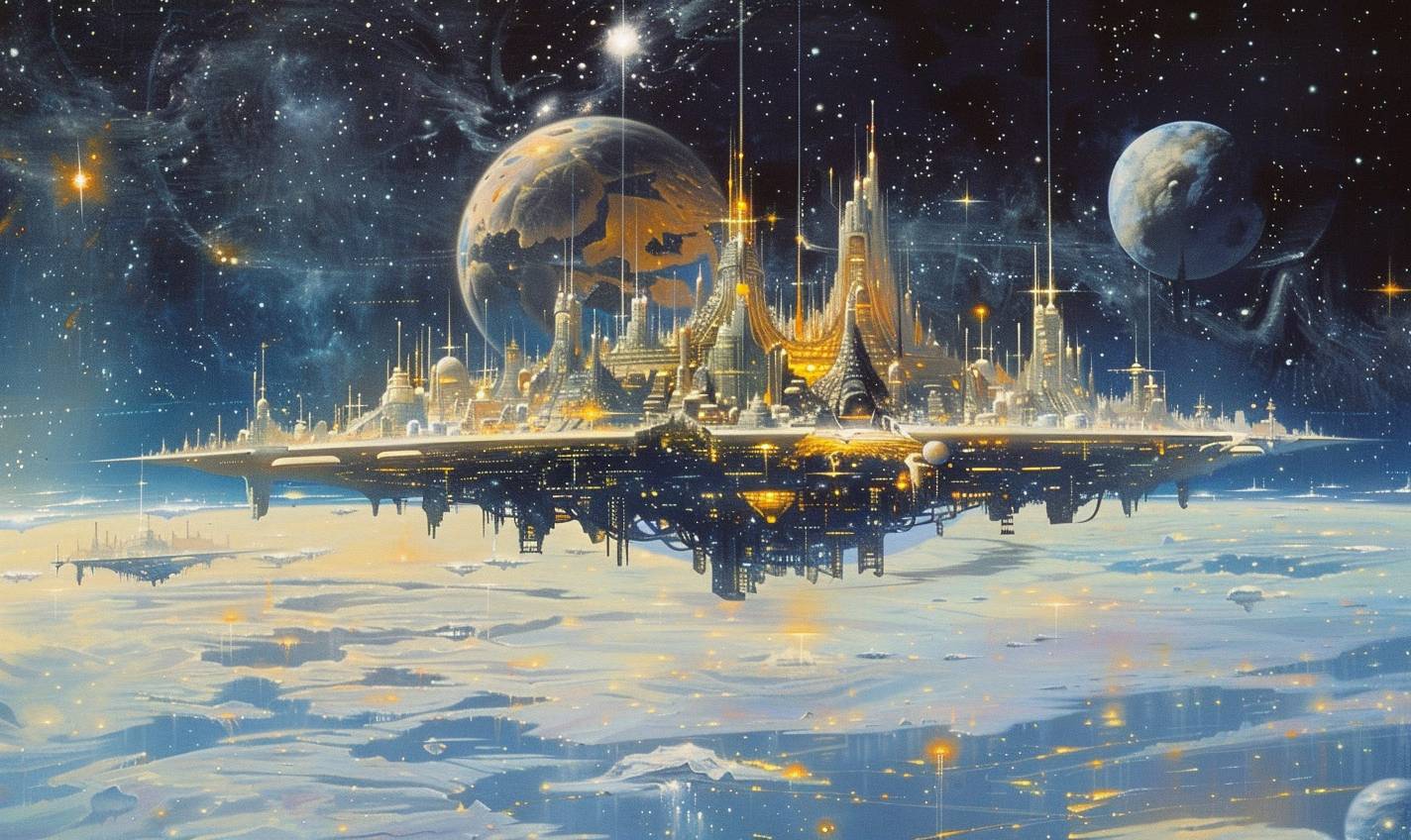 In style of Peter Elson, Celestial city floating among the stars