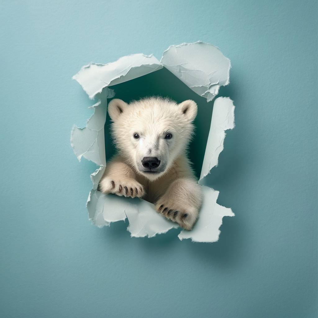 Cute polar bear, in a hole in a torn sheet, simple blue background