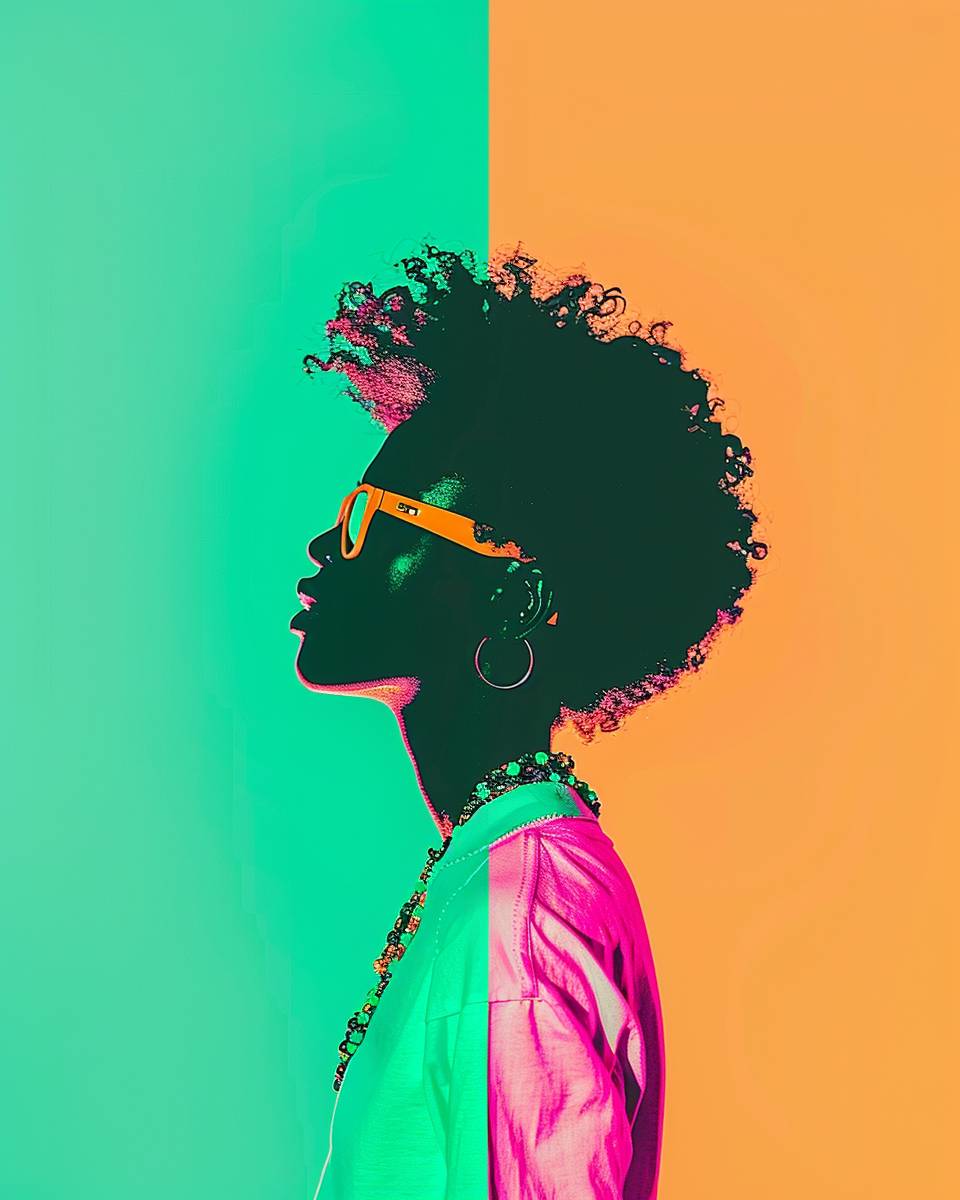 Neon Shadows: Dimmed lights, striking poses. Colorful silhouettes: Green and orange tones, fashion flair.
