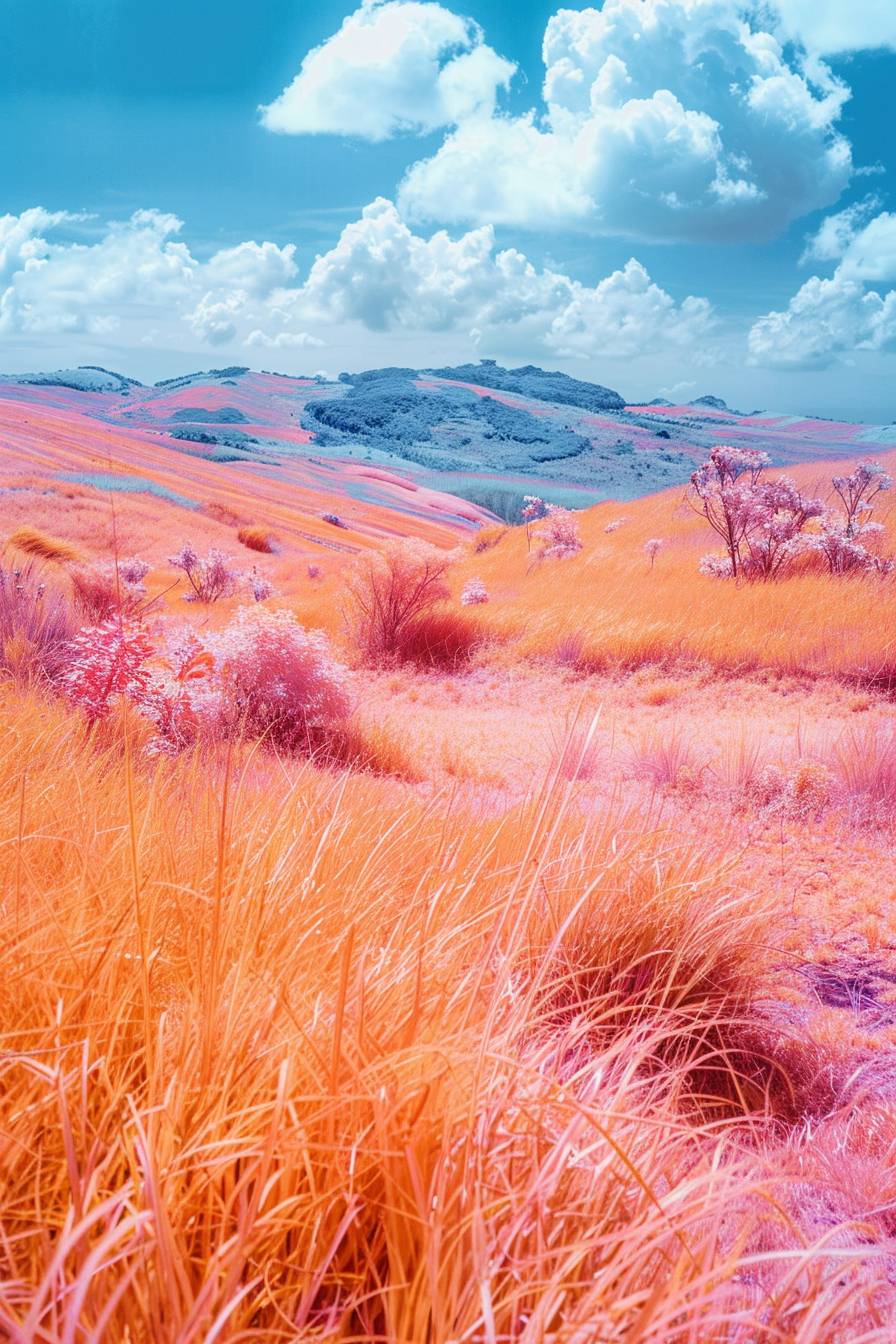 Young stunning woman. Infrared photography of an orange and pink landscape with tall grasses, shrubs, and hills in the background, under a blue sky with white clouds. The landscape is characterized by high contrast.