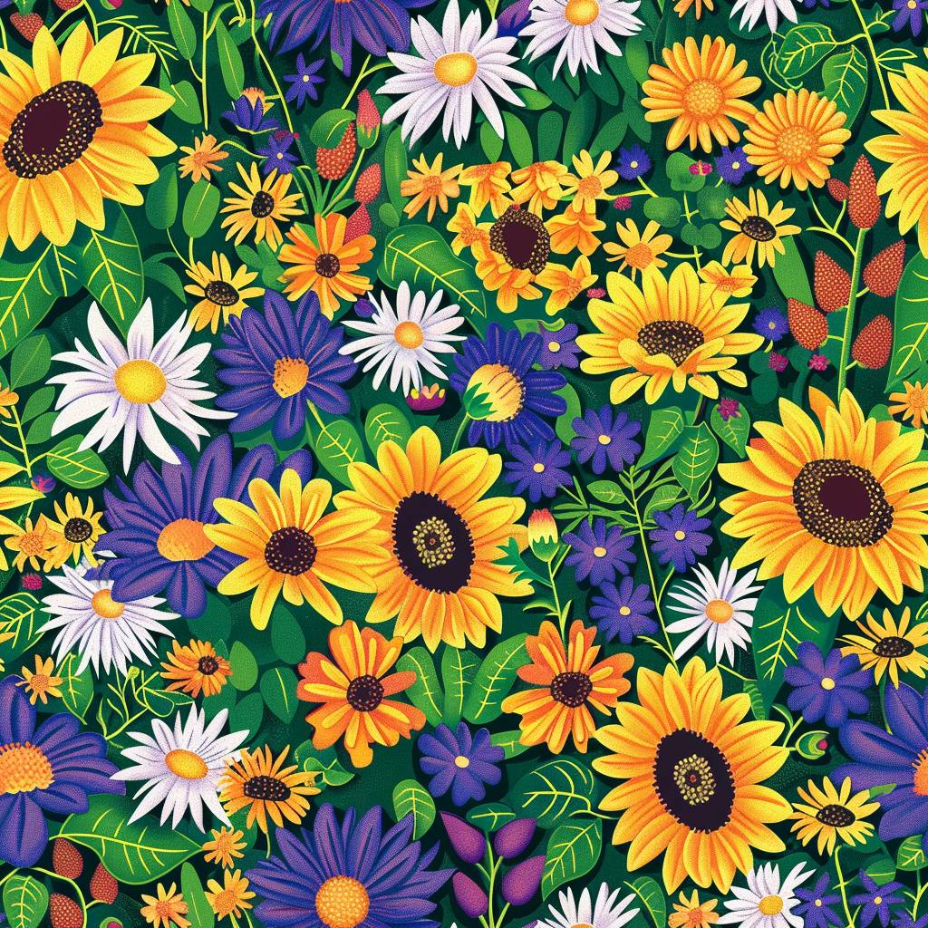 A patchwork of summer flowers, including sunflowers and daisies, in a bright, seamless garden pattern.
