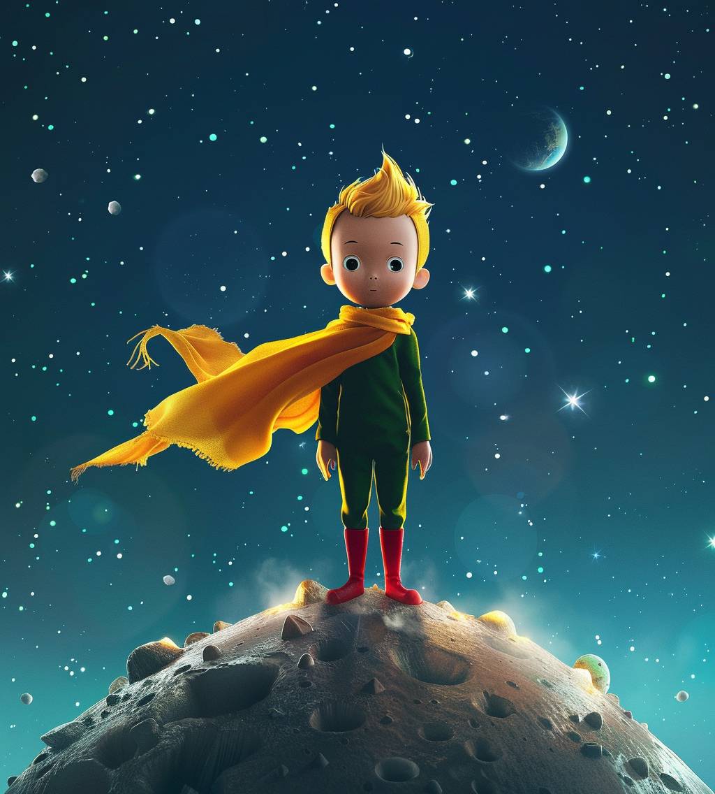 黄色のマフラーを身につけた小さな王子は、ディズニーピクサーのアニメーションのようなスタイルでエイリアンに変身した後、バラの惑星に立っています。背景は星のない濃い青い星空です。漫画のキャラクターは、ゲームのアイコンに似た全身ショットで、かわいい小さな王子を描いています。