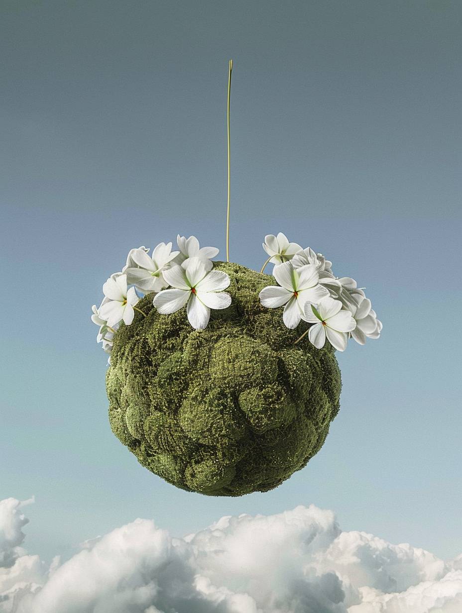 The ball hangs in the air, covered with moss, microgreens, and white flowers. The sky is the background, with a cloud below. The soft lighting creates a minimalist composition with hyperrealism aesthetics. The photographer is David Newton.