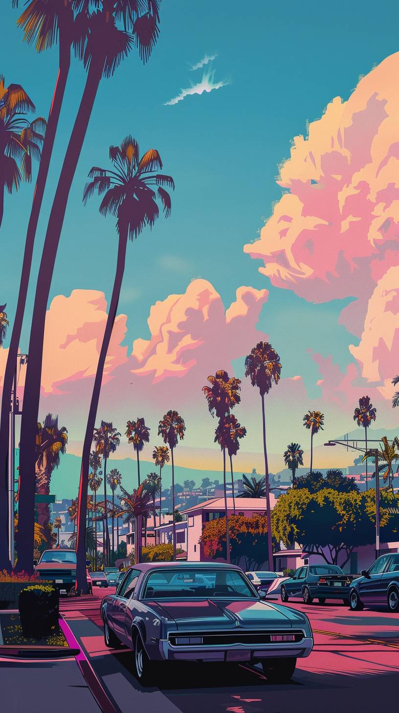 Beverly Hills, street, summer, no cars, no humans, 70s style, comic style
