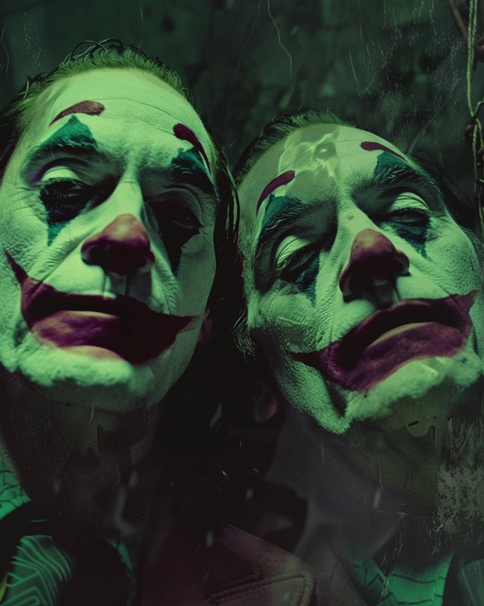 The Joker played by Heath Ledger and Joaquin Phoenix with green and pink underglow. Vintage 1980s horror movie with grainy film footage, directed by Park Chan-wook, Stanley Kubrick, Guillermo del Toro, Kentaro Miura. --ar 4:5 --style raw --stylize 70 --v 6.0