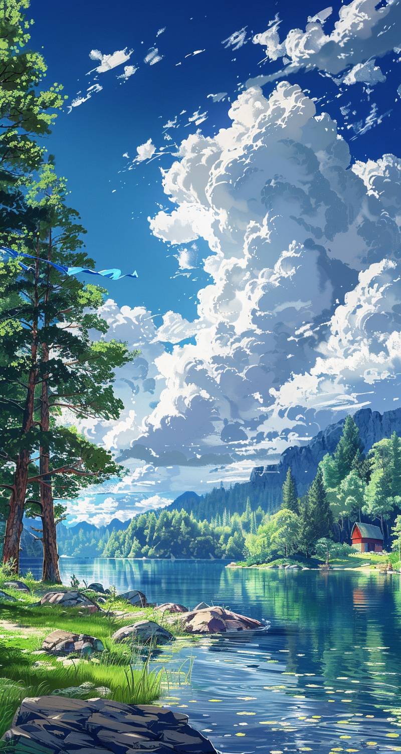 Blue sky, white clouds, the surface of the lake water, trees on the shore, lawn grass in front of it, a lake view, a green forest landscape area, a blue banner floating above the pine tree, a small red house at the far end of the distance, cloud shadows, a real photography, high definition image quality.