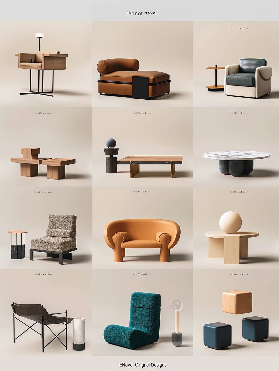 A collection of minimalistic and modern furniture brand logo designs with the text 'ENygNavel Original Designs' displayed in multiple poses, featuring various colors and materials including leather, wood, marble, metal, fabric, teal green, black, brown, white, cream beige, grey and blue tones. The designs include a sofa, coffee table, side tables, dining chairs, armchairs, accent lighting, and accent elements such as glass or ceramic surfaces. Each element is isolated against a neutral background in the style of modern designers.