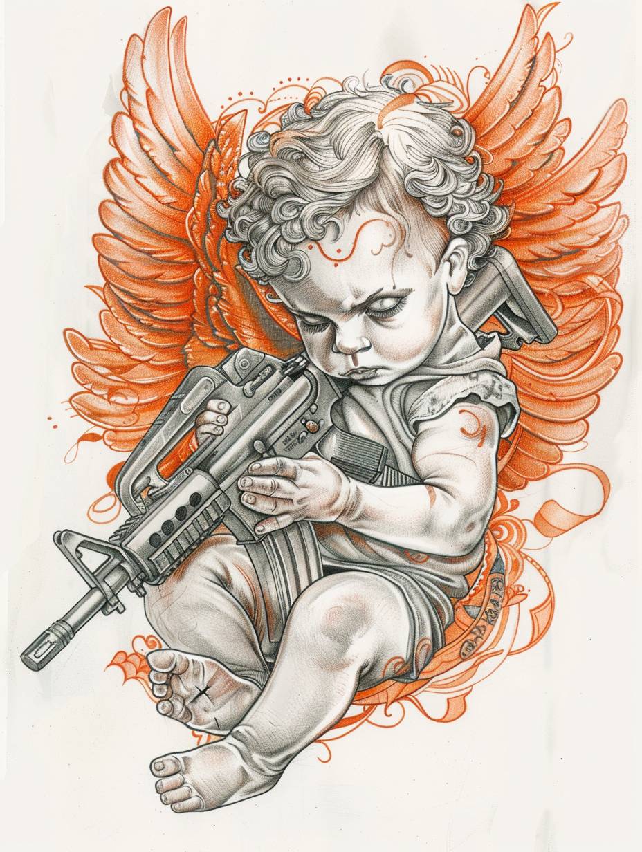 Drawing of baby angel with AK47, orange and grey color tattoo design