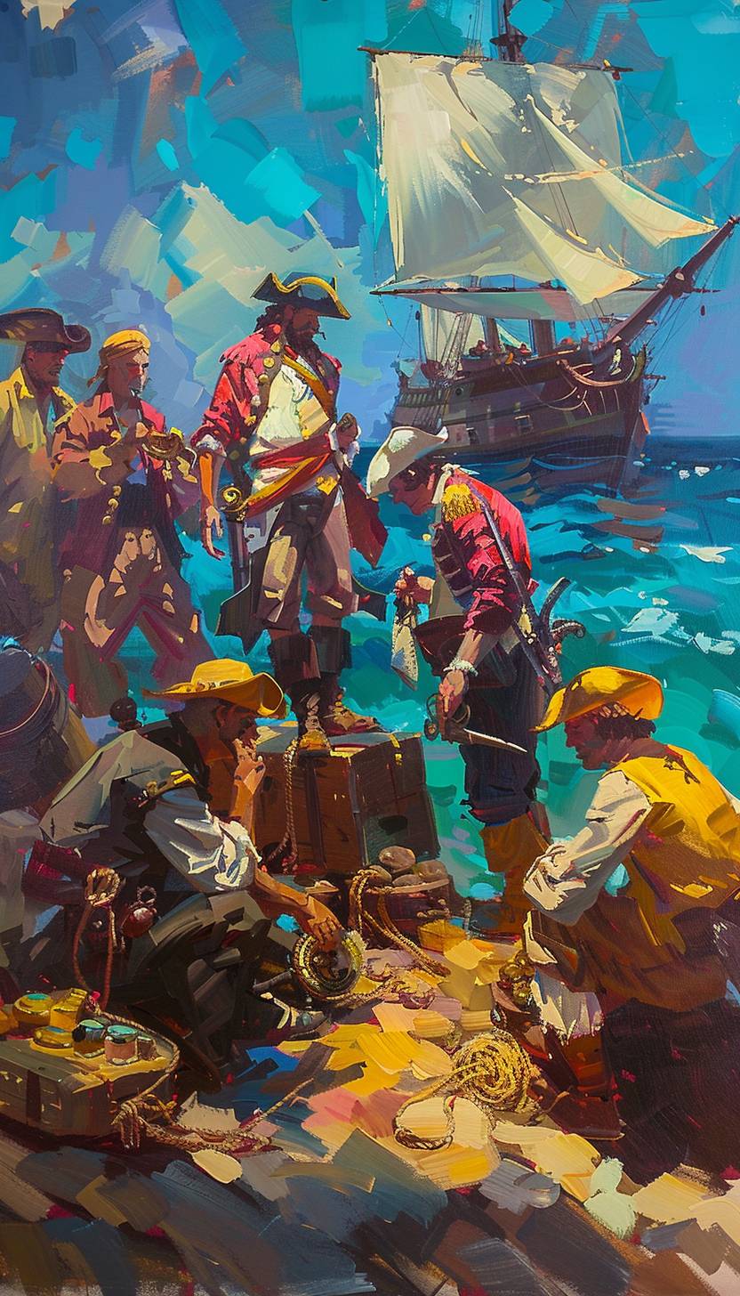 In the style of Isaac Maimon, a pirate crew unearthing buried treasures on an isle --ar 4:7 --v 6.0