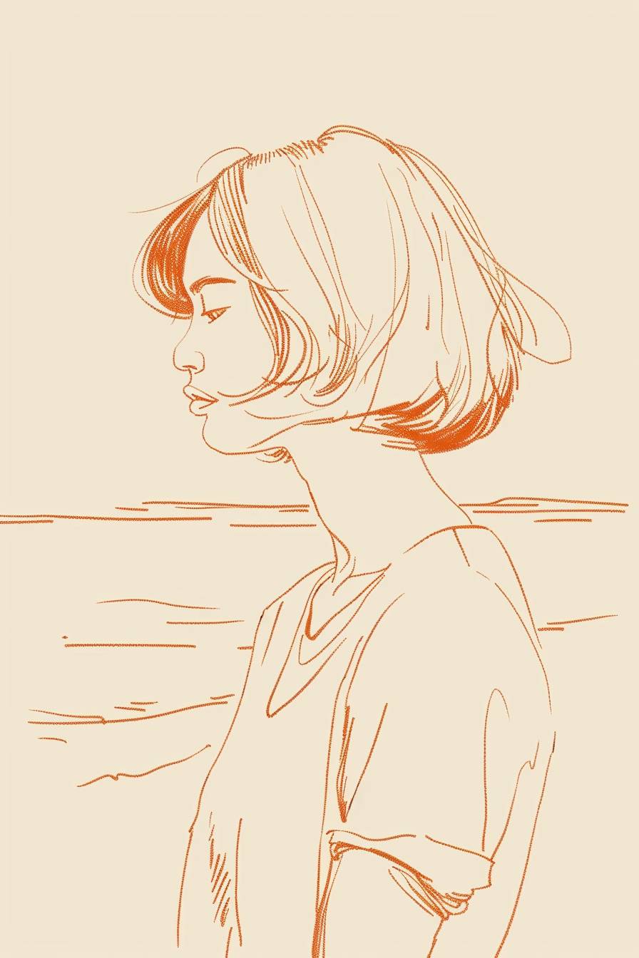 The short hair girl feeling is so lonely on the beach in 1970s, lineal illustration, minimal art style