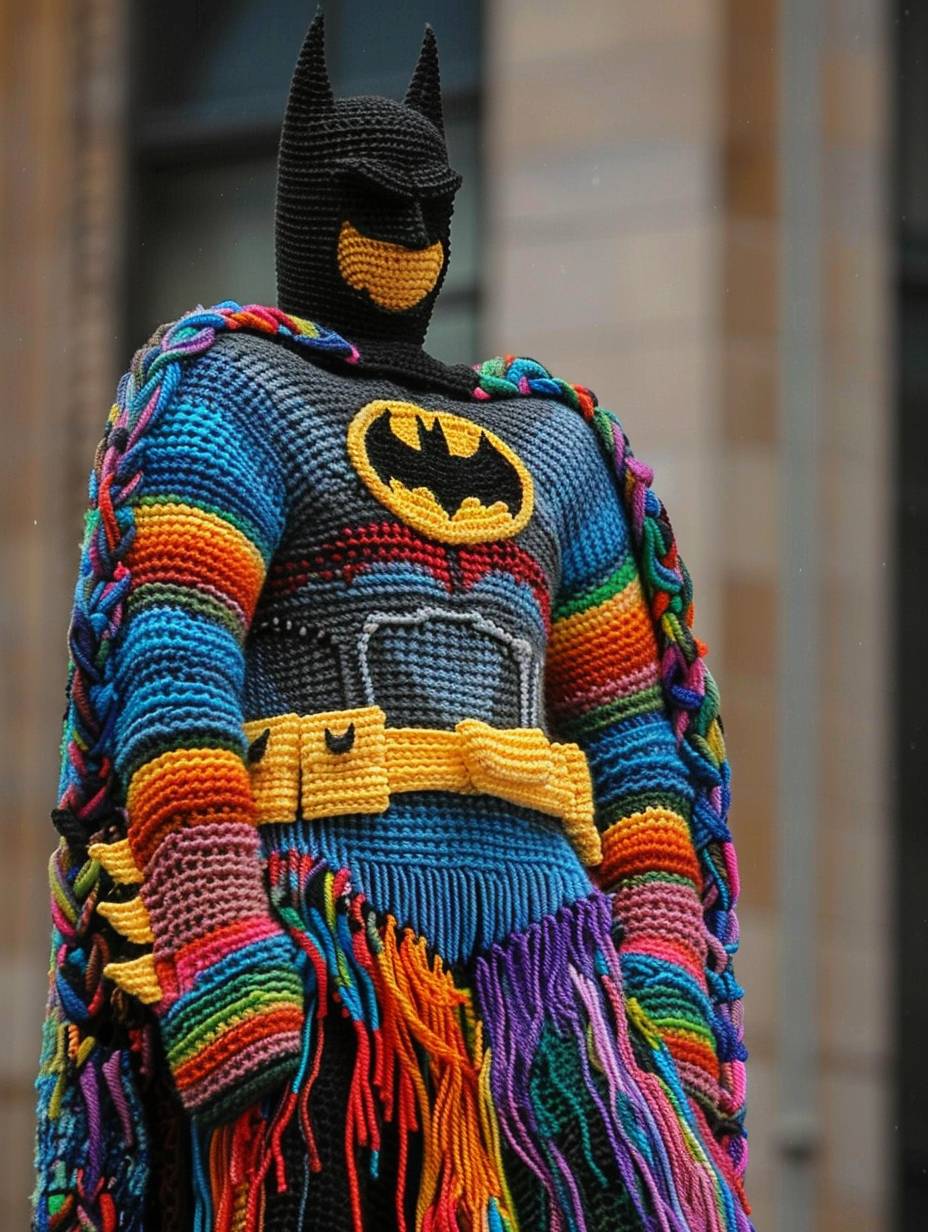 Batman made out of colorful yarn crochet, in the style of yarn bombing, guerrilla knitting, woolen knitwork --ar 3:4 --v 6.0