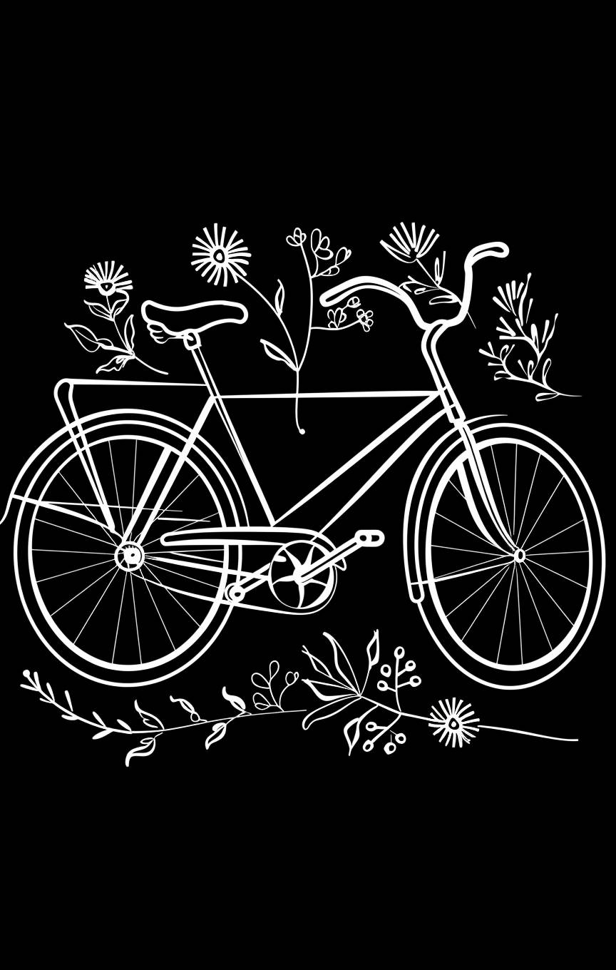Create a minimalist line art illustration design featuring a white outline of a bicycle with flowers line icon vector on a solid black background. The bicycle should have clean, continuous lines, highlighting its simple yet classic form. Isolated contour symbol white illustration