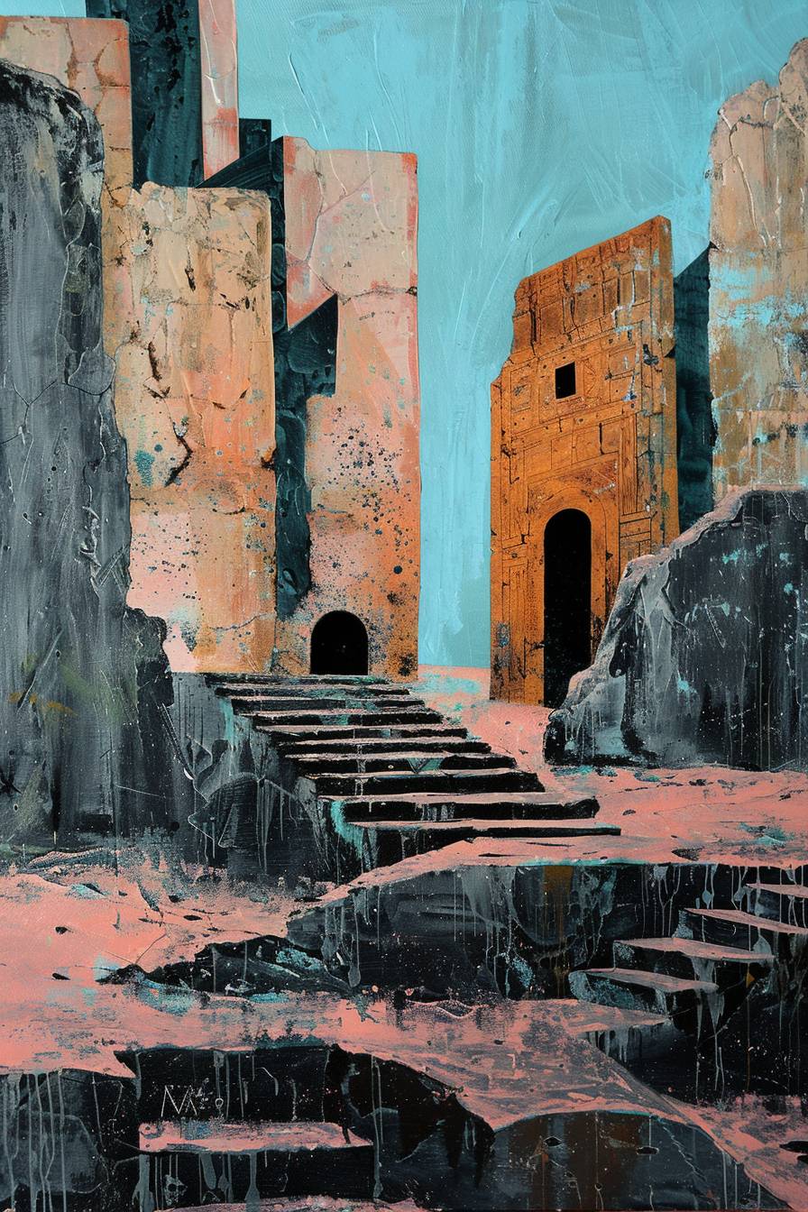 In the style of Milton Avery, enigmatic ruins of an ancient civilization