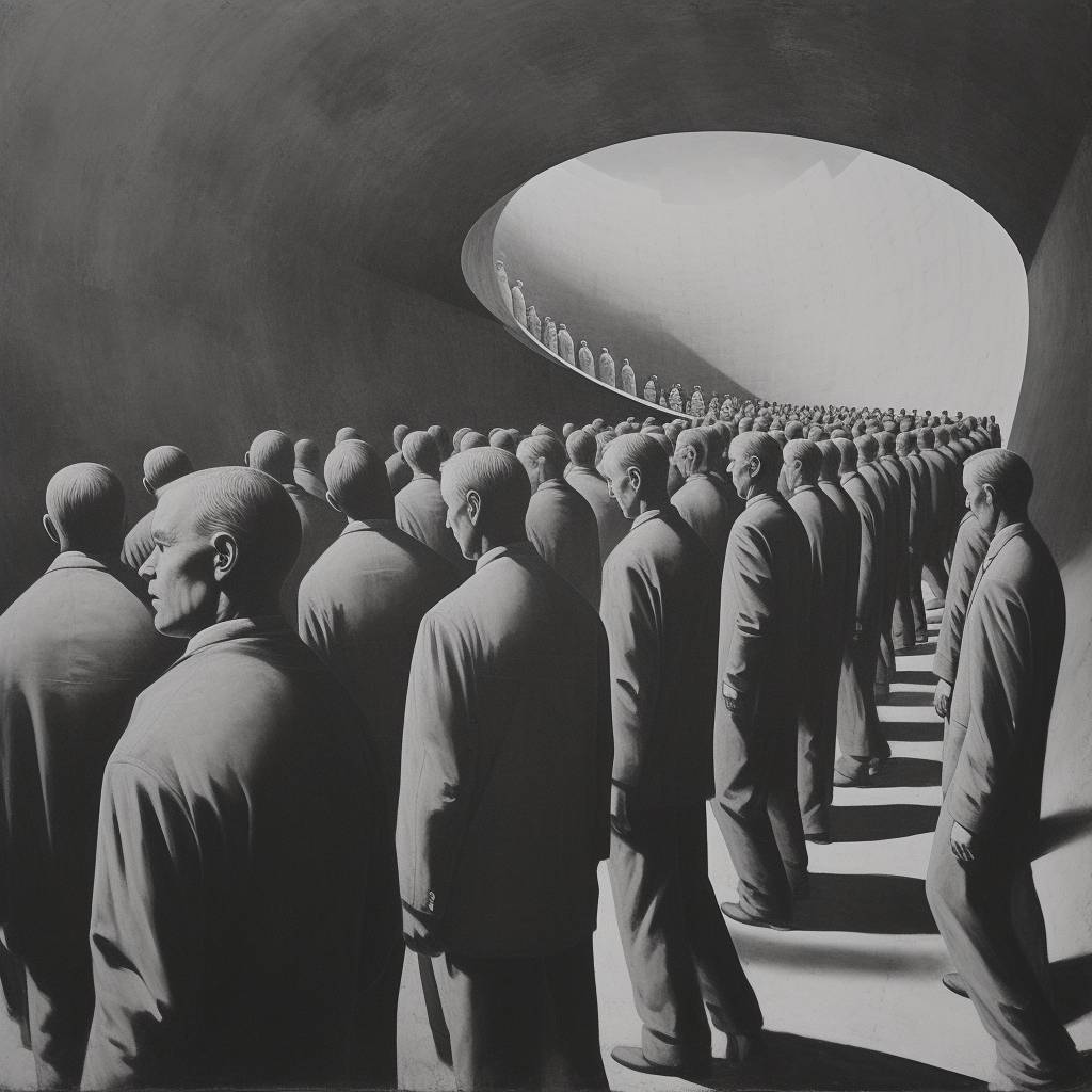 Best picture quality, monochrome, exquisite, oil painting quality, prisoner's dilemma, cement forest, high-rise buildings, alienation, unconscious suppression, men in suits, a large number of men in suits, neatly lined up, walking, Mobius ring, social dilemma, surrealism, distorted cube, two-dimensional real number projection plane, torus