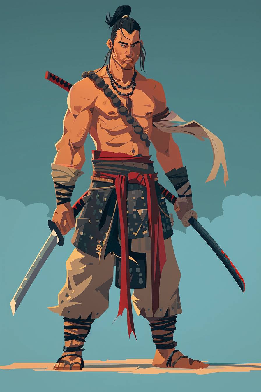 Illustration of a warrior character in the style of Goro Fujita, full body, flat color