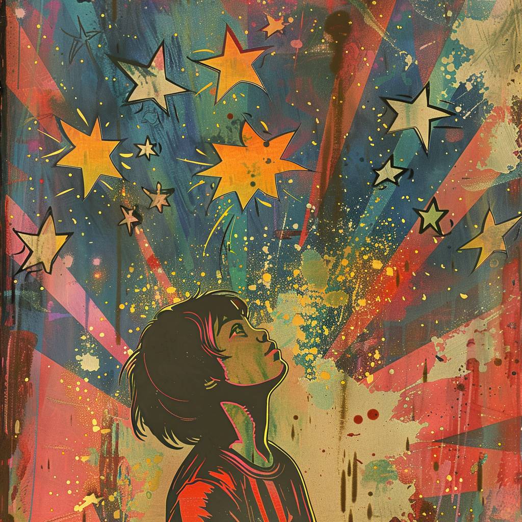 A girl looking up at stars, Fauvist color explosions, unique yokai illustrations, Geometry, Memphis erased and obscured, iconic imagery, queer academic, Memphis illustration, Memphis background, fluid gestures, children's book illustrations are 2:3- niji 5-- style expressive --v 6.0