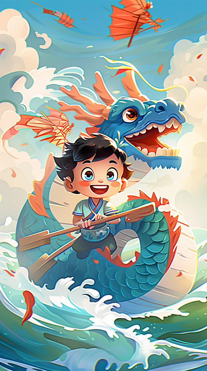 A cute cartoon dragon boat celebrates the Dragon Boat Festival in the way of traditional Chinese festivals. In an animated illustration, this work is created in the style of Hayao Miyazaki, featuring bright colors and cartoon style illustrations. It uses light green and orange tones to create a festive atmosphere.