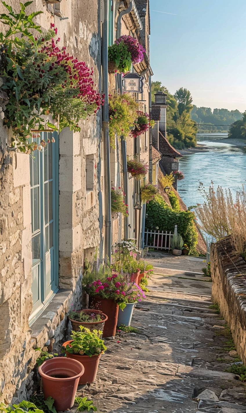 a lifestyle stock photography of The village of Candes-Saint-Martin in Indre-et-Loire: A hidden gem with its charm. Quaint stone houses with colorful flower pots, overlooking the river. Golden hour, clear blue sky, and a gentle breeze. Wide-angle shot, capturing the village's picturesque streets and the stunning view of the Loire River. Warm, natural lighting, creating a romantic and inviting atmosphere.