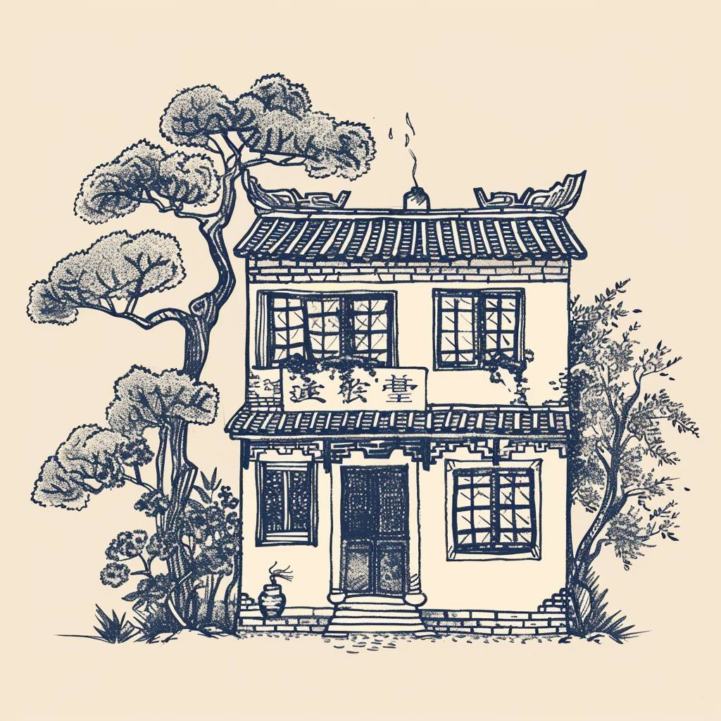 中国の要素を取り入れたゲストハウスをテーマにしたシンプルな落書きをデザインし、ゲストハウスの静かな優雅さを描写します。