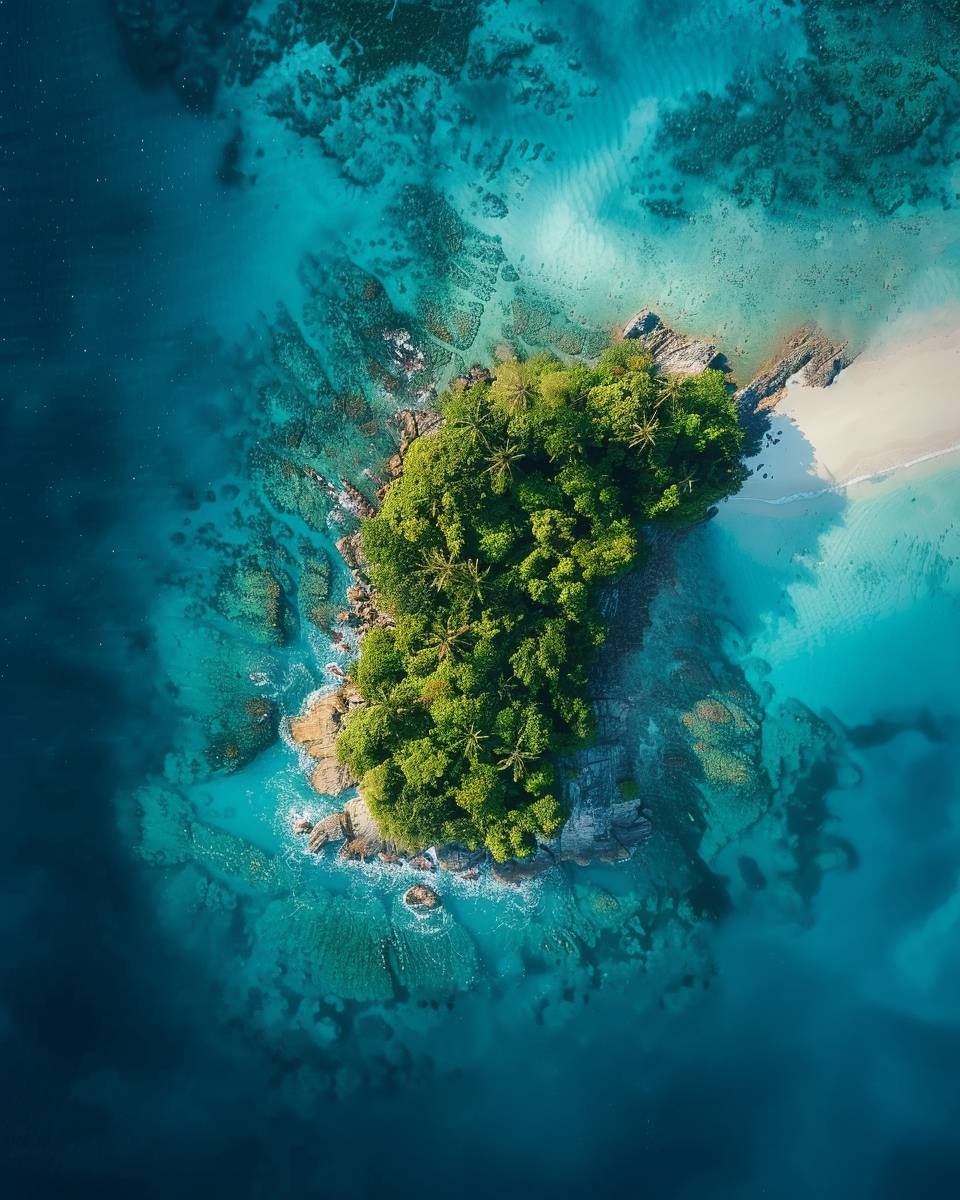 A birds eye photograph of a large lush tropical desert island surrounded by Caribbean blue waters.