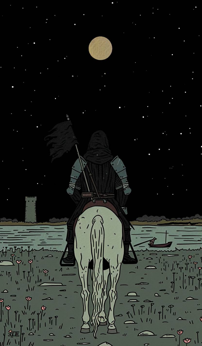 The Death card from the Rider-Waite Tarot deck, featuring a skeletal figure dressed in black armor riding a white horse at its center. The skeleton carries a black flag with a white five-petaled rose on it. In the background, there is a river with a boat and two towers, with the sun rising or setting between them. In the style of Simon Stalenhag, back turned