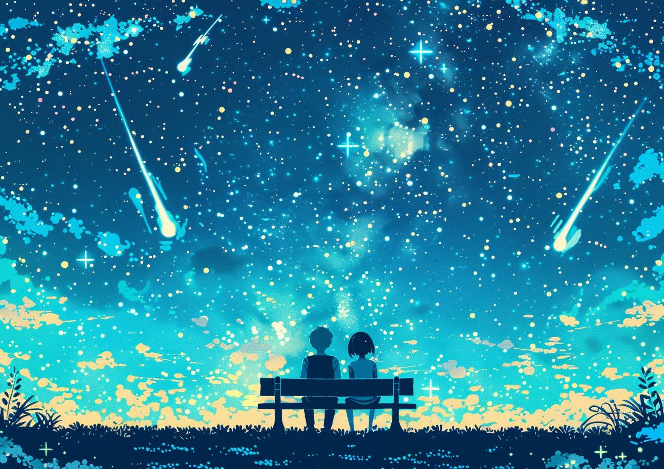 A couple silhouetted, sitting on a park bench, night sky, Milky Way, shooting stars with comet tails, tenebrism, jagged black border, strong visual flow