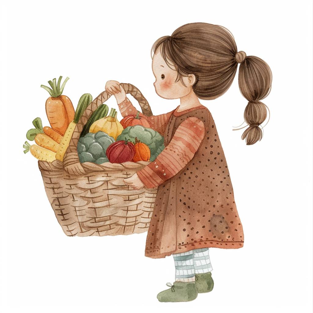 1717910265 watercolor, flat design, simple lines, simple shapes, hand drawn doodle by Kestutis Kasparavicius, the little girl is holding a basket of vegetables in her hand.