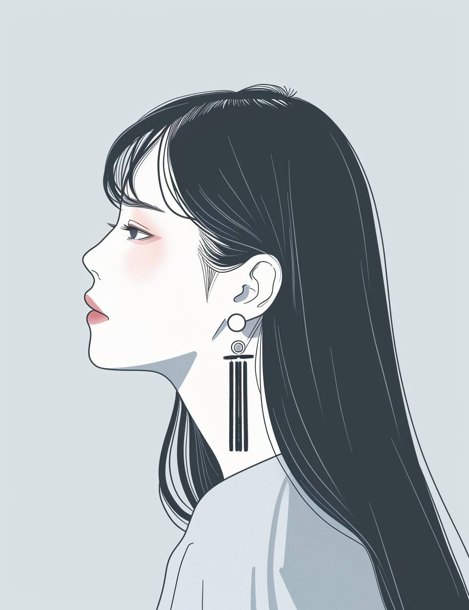 A simple and cute illustration of an Asian woman with long straight hair, featuring gray-pink makeup on her face. She is wearing earrings in the shape of black stripes, and she has one ear ring. The background color should be white or light blue to highlight the character's features. In the style of Japanese anime, it showcases a minimalist design aesthetic. Her head tilt angle creates a charming profile picture, focus stacked.