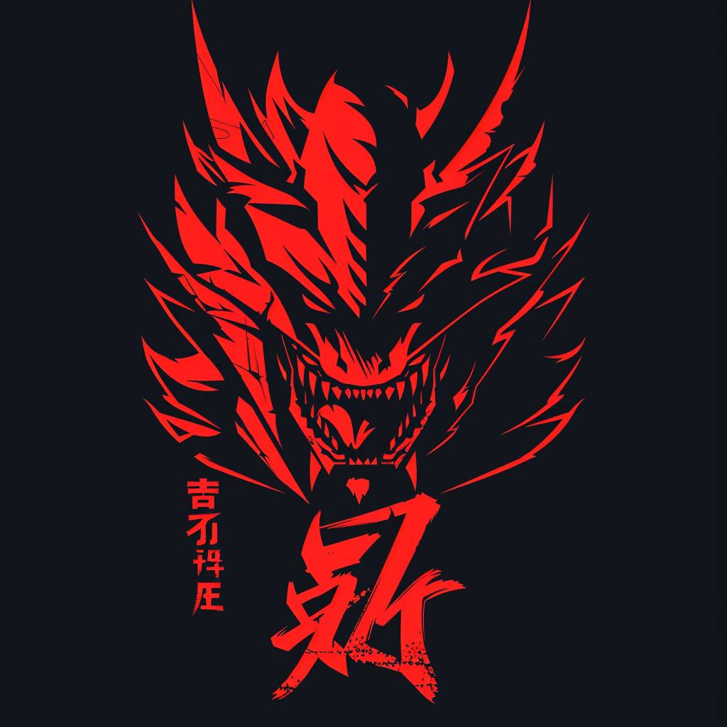 Red and black flat logo for a kaiju head-on, flat cell shading and aggressive design, use of negative space 6.0