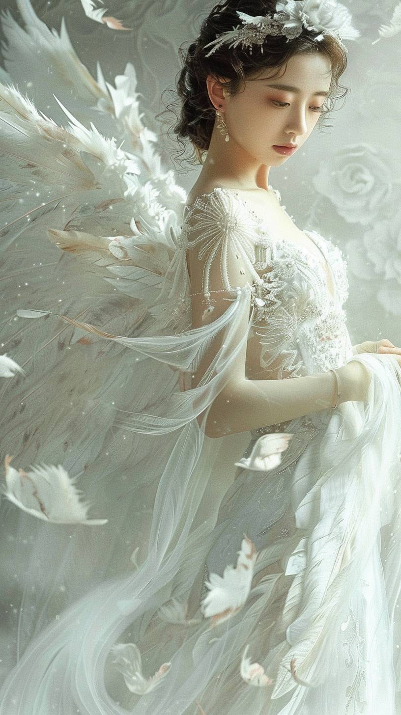リアリズム ブルータリズム ミニマリズム、背景に翼を広げた白いウェディングドレスを身につけた中国人女性。ふわふわと羽ばたく翼が、輝かしく夢のようなシーンを演出している。