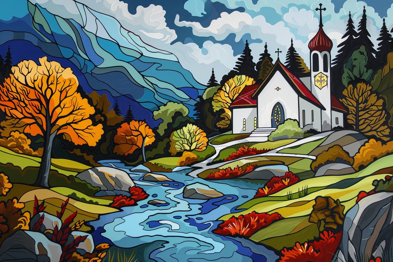 In the style of Lichtenstein, stunning natural landscape, church