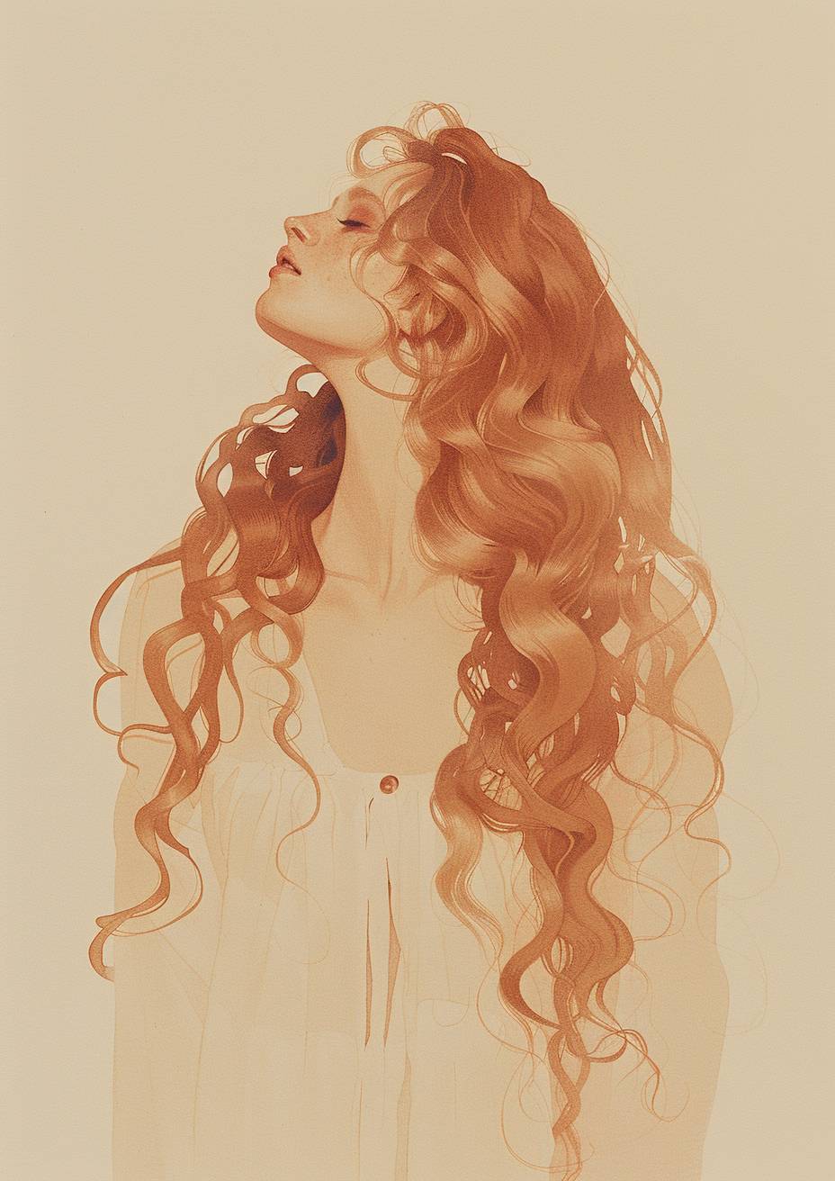 Mary Jane Ansell's hyperrealistic and hyper-detailed pencil and watercolor illustration depicting a portrait of a beautiful woman with long hair in a vintage dress, playful and ironic, lush and detailed, charming character illustrations