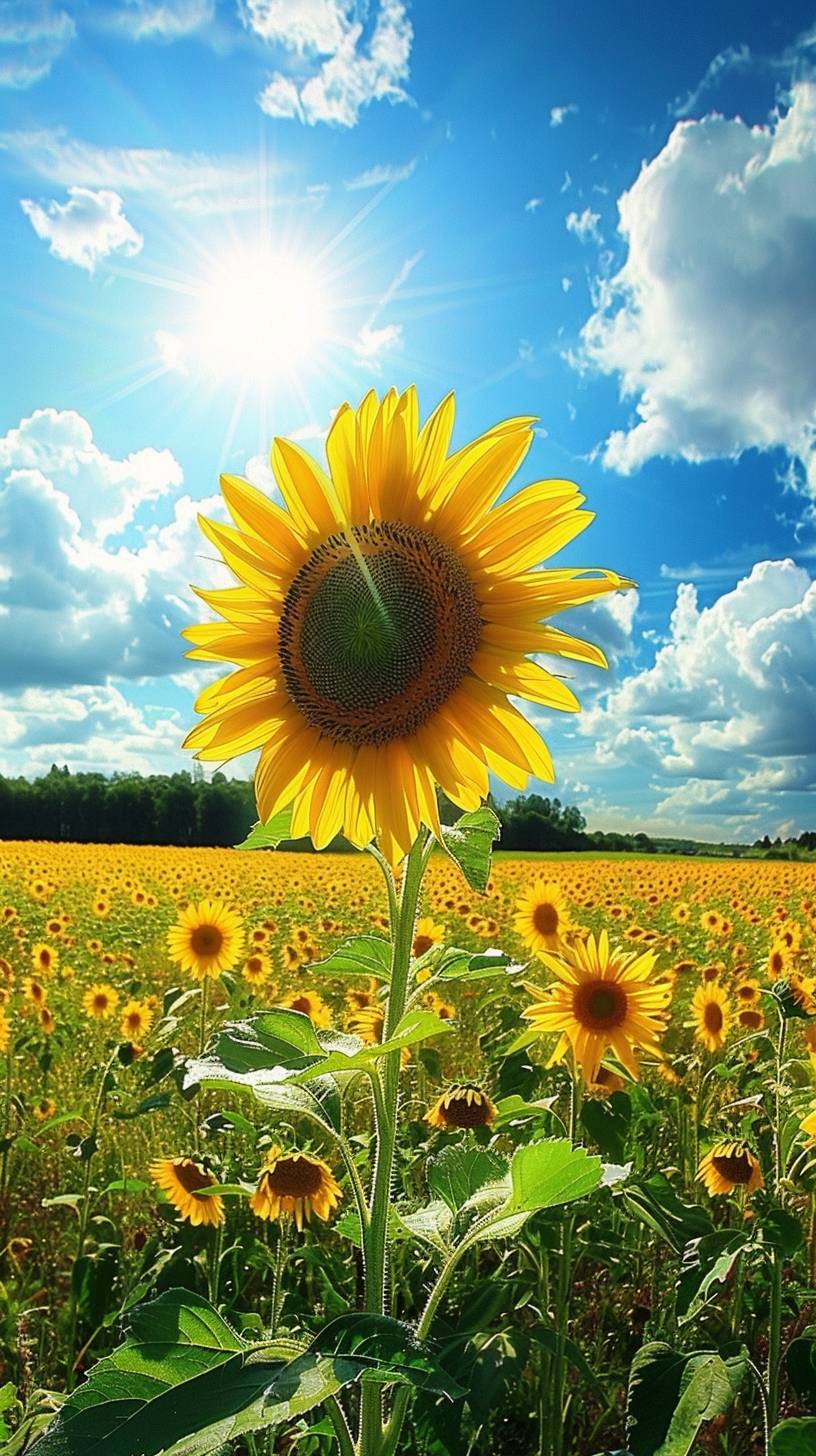 A sunflower blooms in the blue sky, white clouds and green fields of sunshine. High definition photography photos in the style of nature