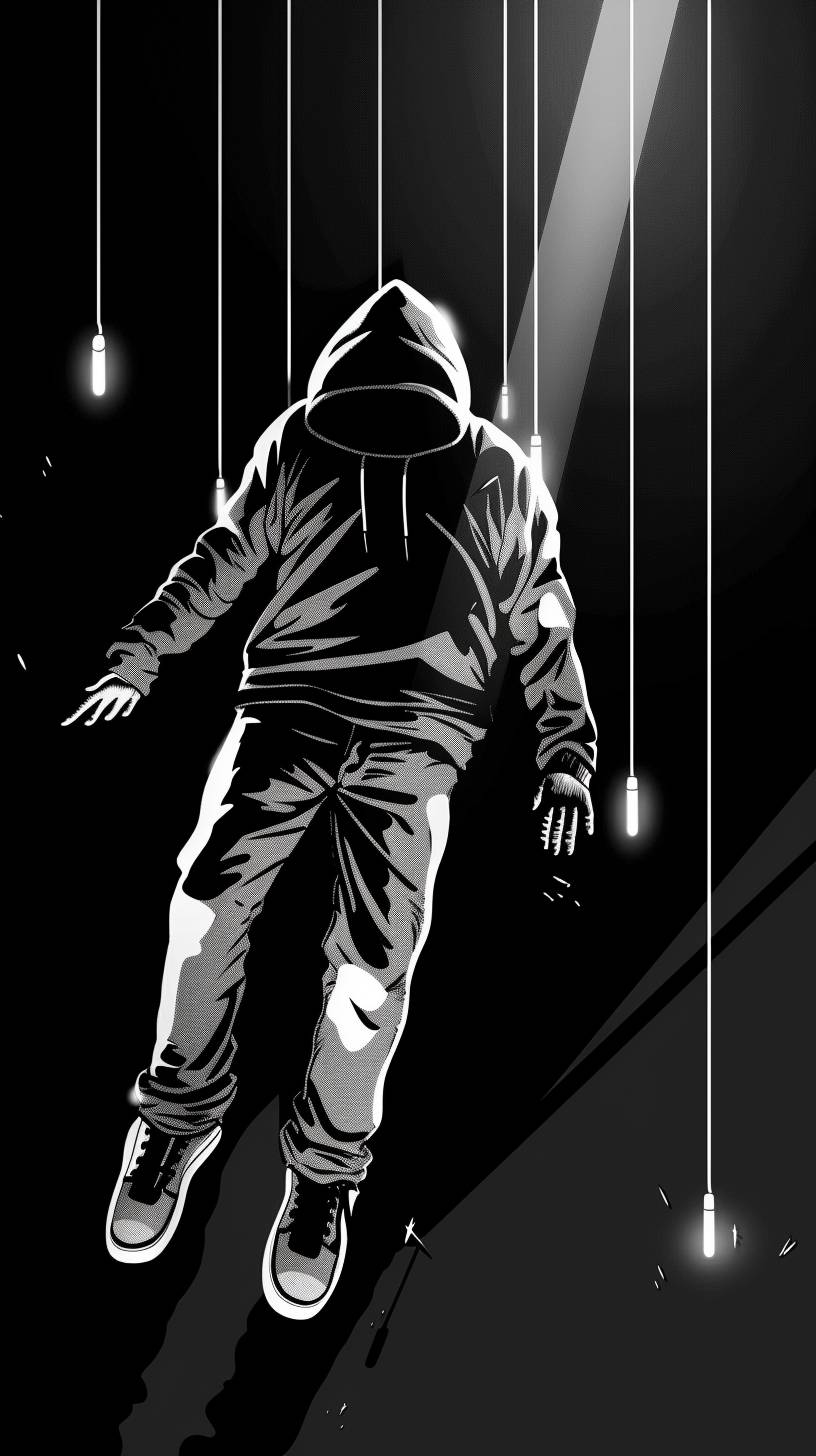 A man wearing a hoodie is floating in the air, pierced by 5 laser beams, in black and white tones, Bruce Timm cartoon animation style, high contrast
