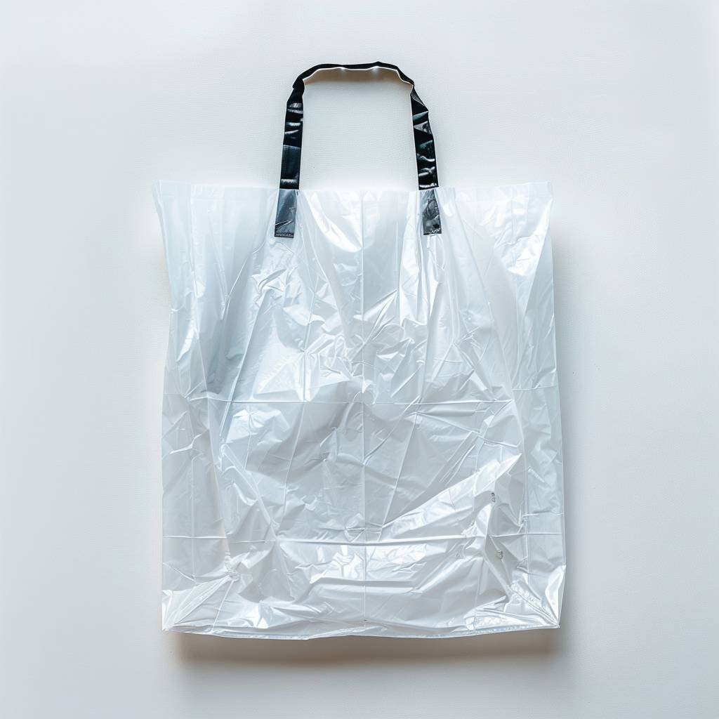 Top-down photograph of a flat plastic shopping bag with a [DESIGN/LOGO], [COLOR(s)] color palette, pure white background