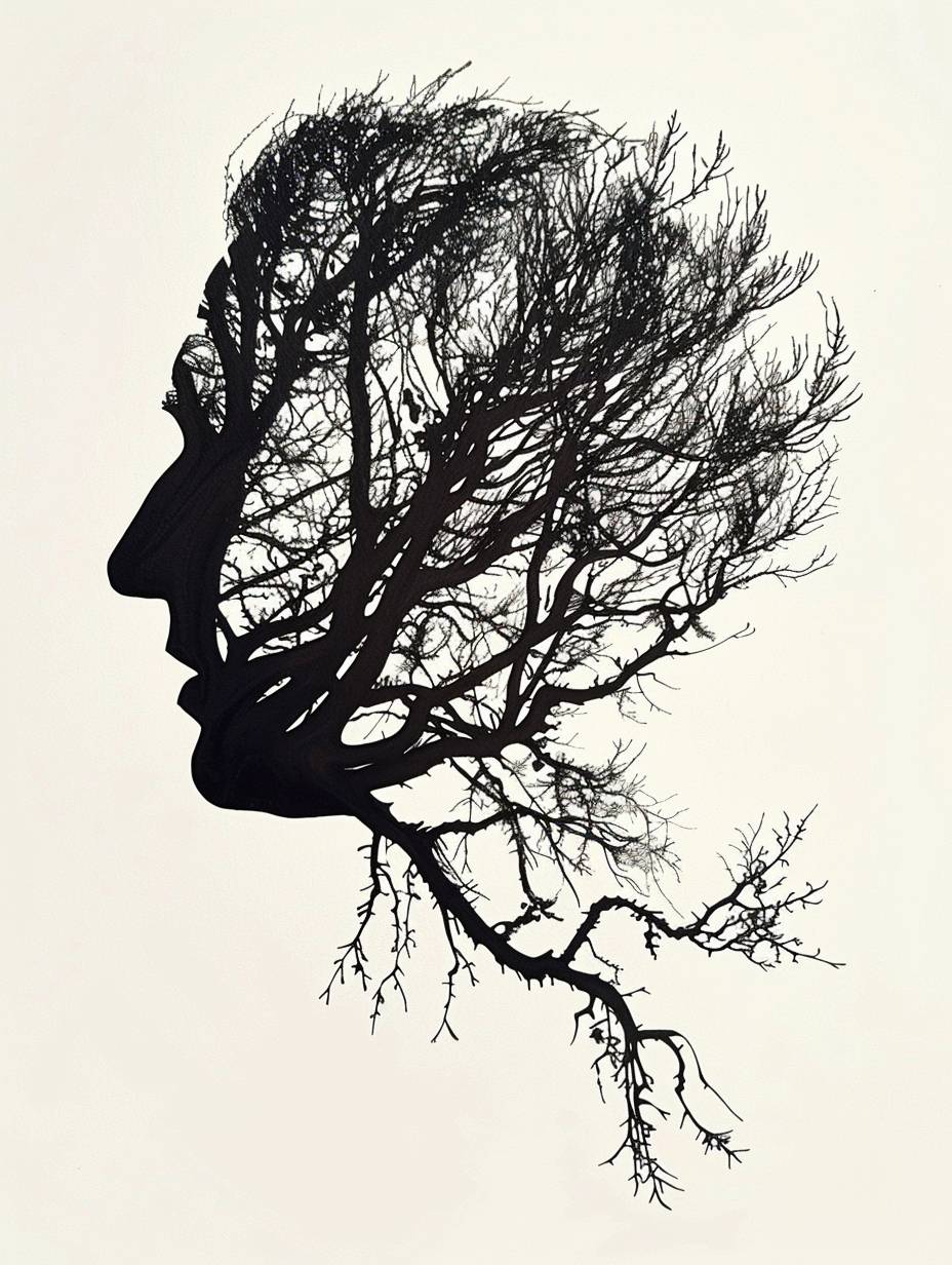 Ink drawing of an abstract silhouette of trees in the shape of a human head and neck, with branches forming arms and leaves as hair, minimalistic and monochrome with simple elegant lines in the style of an abstract silhouette.