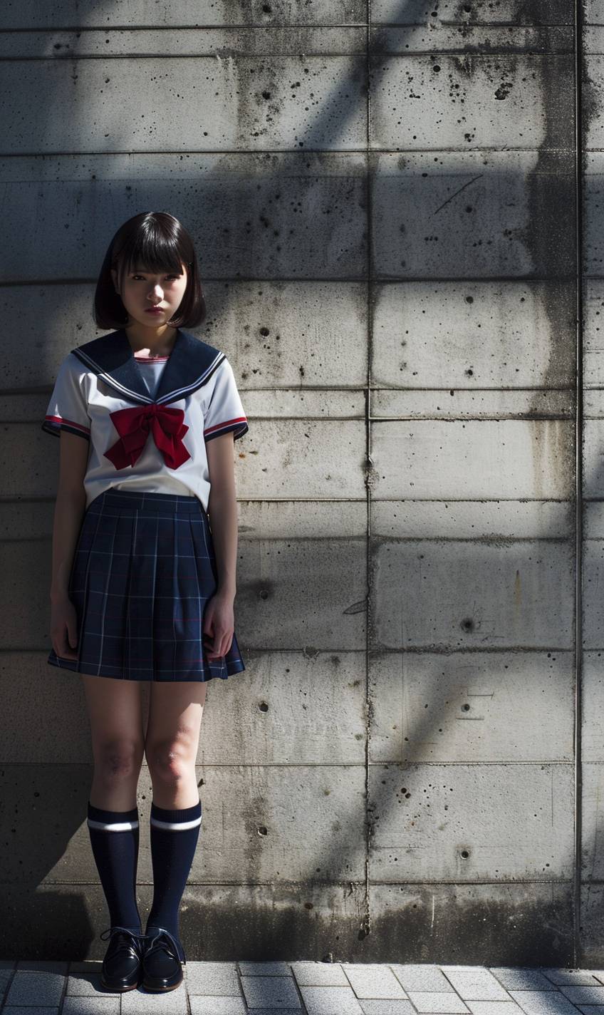 High resolution full color photo of a young woman in a Japanese schoolgirl uniform standing against a concrete wall. She has a confident and defiant pose. Her shadow is prominently cast on the wall behind her, adding to the dramatic effect. The background includes a textured concrete wall surface and a clean, urban environment, enhancing the bold, statement feel of the image.