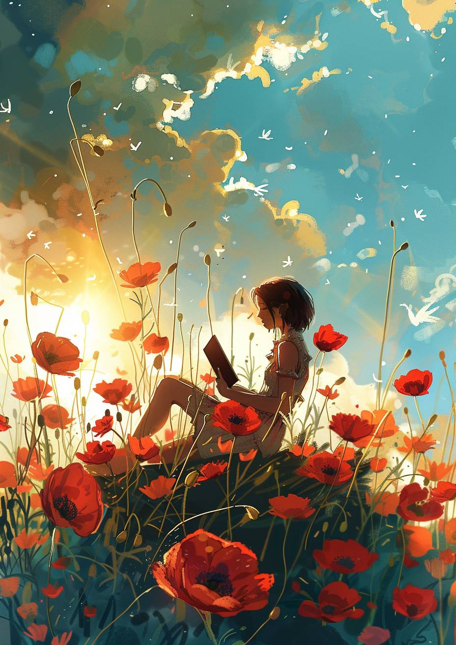 A girl is sitting on top of poppies reading, with the sun shining behind her.