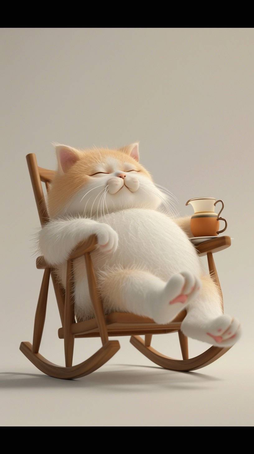 3D, cute chubby fluffy cat, contented expression, lying on the rocking chair, drinking hot tea, smooth white gradient background, cartoon style, minimalism, Canon camera, studio light