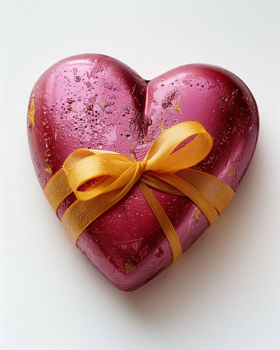 Red and pink heart, matte finish, tied with a yellow ribbon like a gift, atmospheric lighting, on a white background